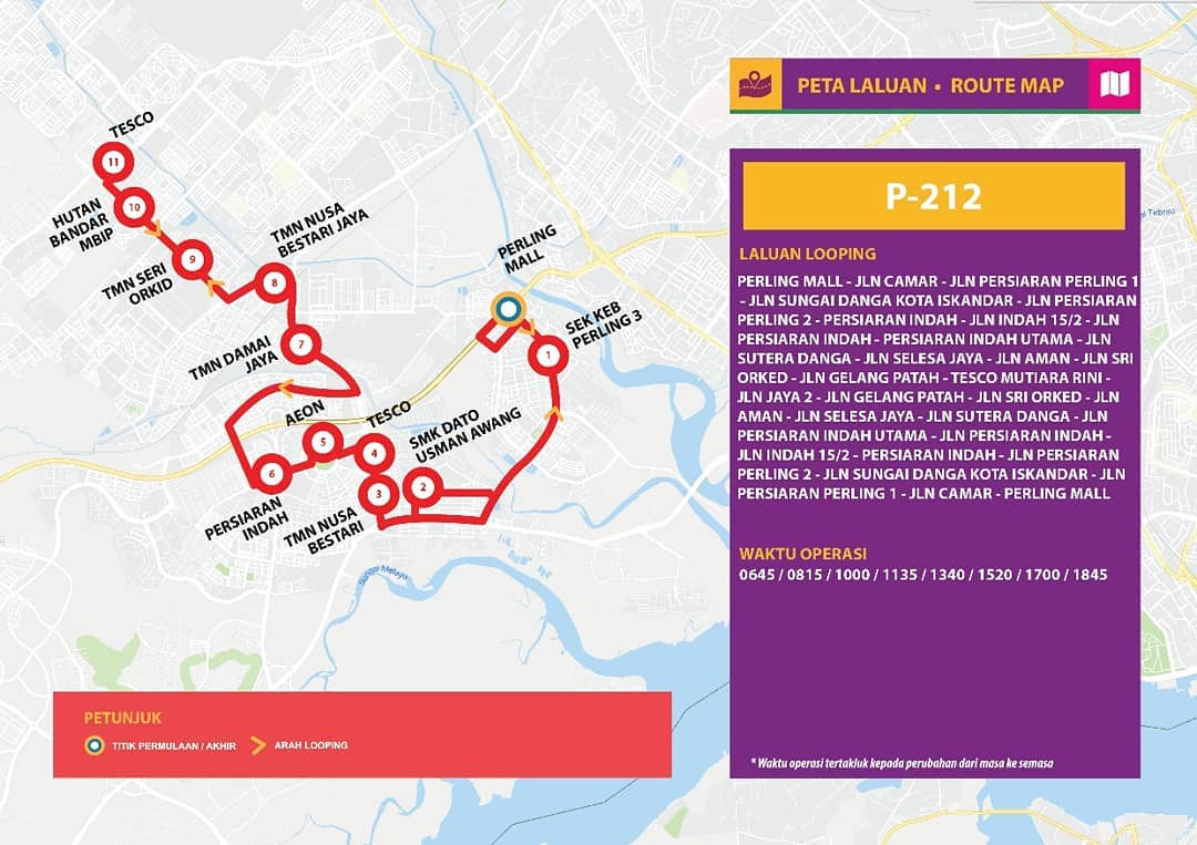 Bas Muafakat Johor P212 route map effective from 1 November 2018.