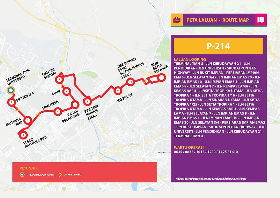 Bas Muafakat Johor P214 serving Taman Universiti and Taman Setia Tropika route map effective from 1 November 2018.
