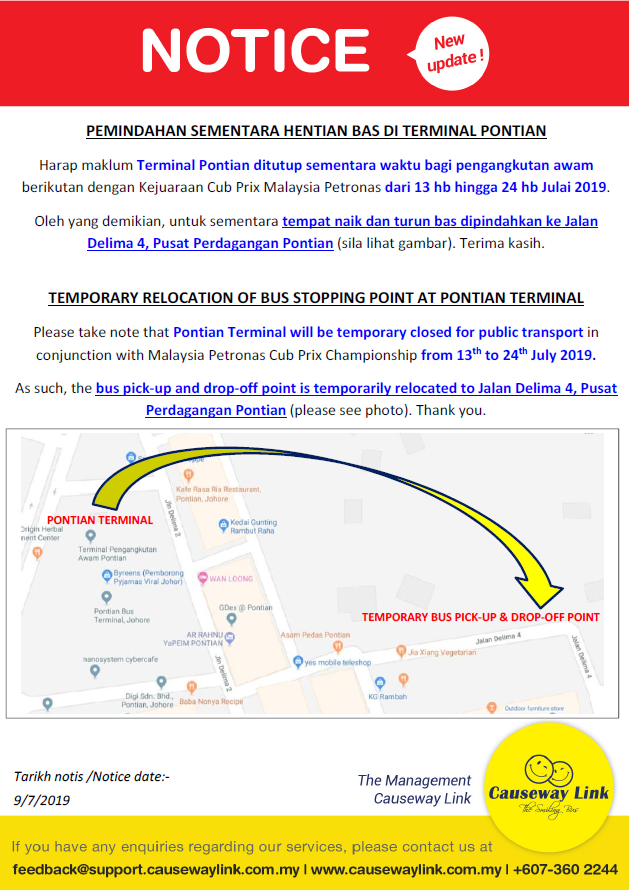 Official announcement on the temporary relocation of boarding location of Pontian bus terminal.