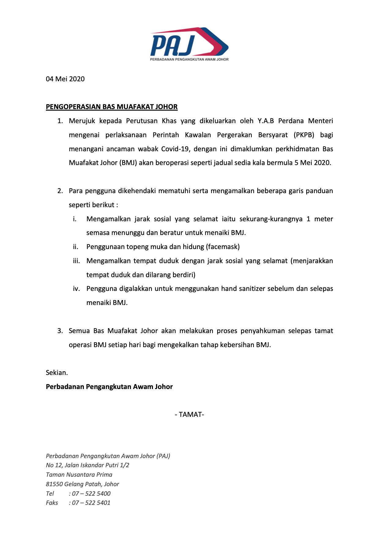 Official poster on resumption of Bas Muafakat Johor bus services from 5 May 2020