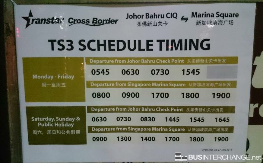 New bus schedule for Transtar Cross-border TS3 were put up at CIQ Johor Bahru.