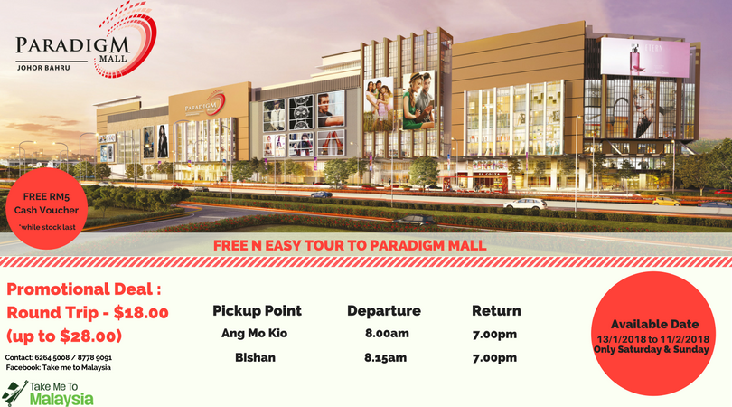 Promotional poster for the new bus service from Ang Mo Kio and Bishan to Paradigm Mall JB by Take Me To Malaysia.