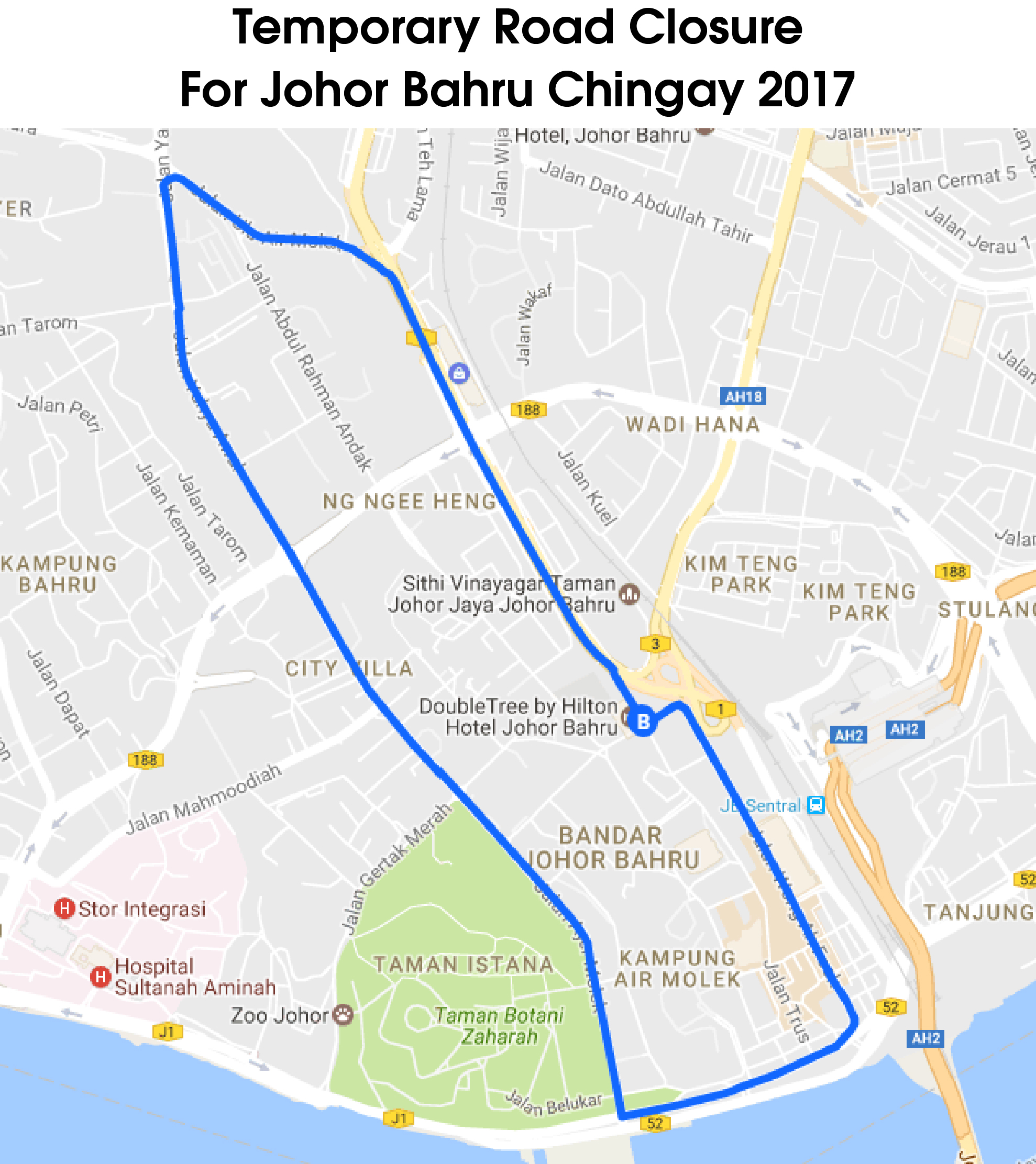 Affected roads during Johor Bahru Chingay 2017