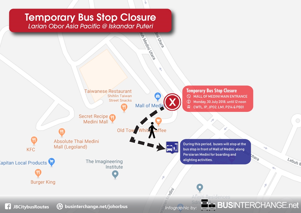 Temporary bus stop closure at Mall of Medini Main Entrance