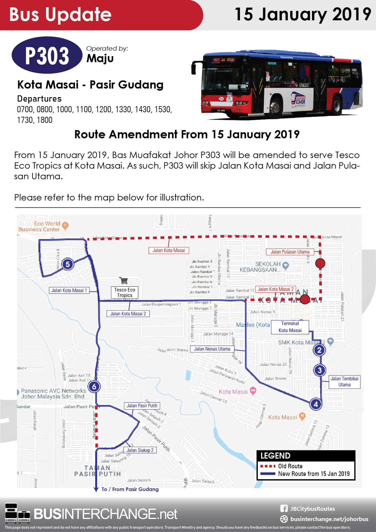 Route amendment of Bas Muafakat Johor P303 from 15 January 2019.