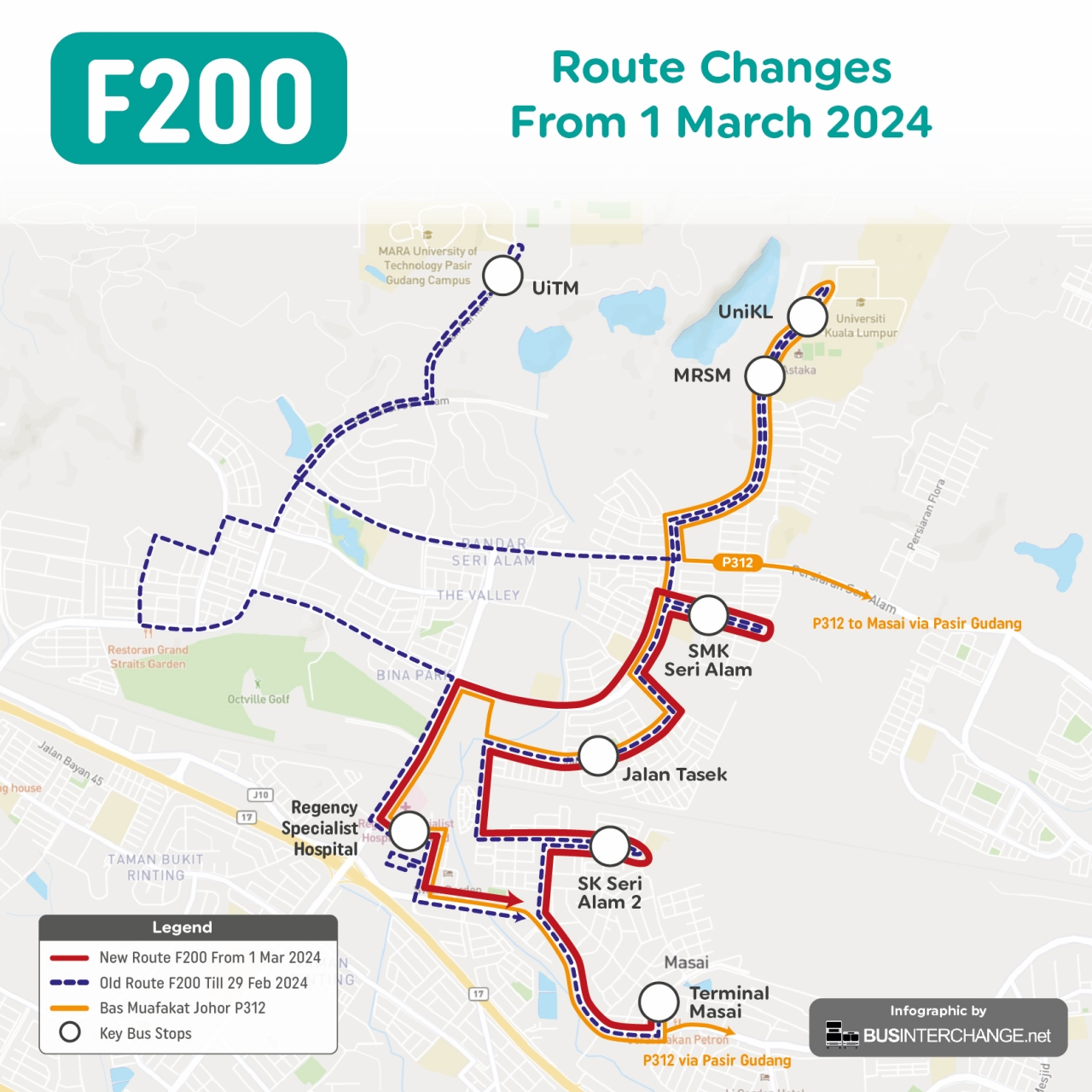 myBas Johor Bahru Route F200 amendments at Bandar Seri Alam from 1 March 2024