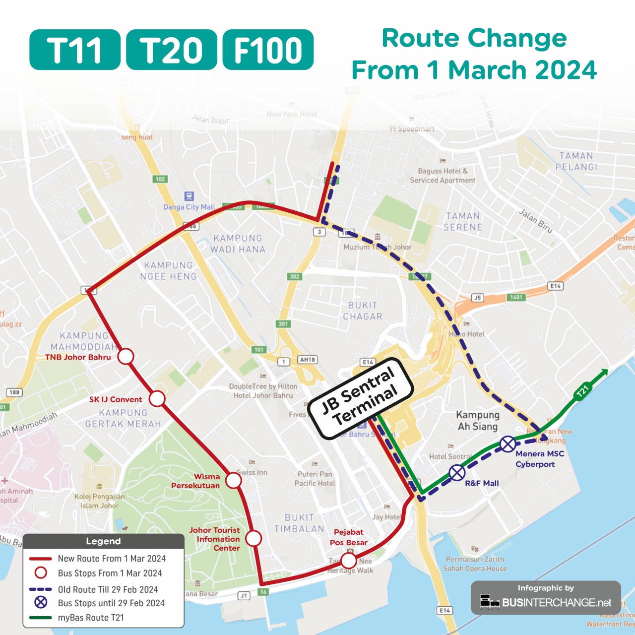 myBas Johor Bahru Route T11, T20 and F100 change its routing at Johor Bahru City Centre from 1 March 2024