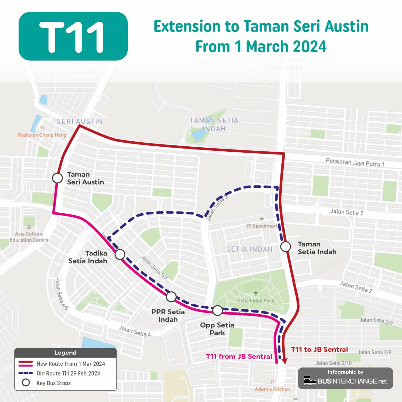 myBas Johor Bahru Route T11 extends to Taman Seri Austin from 1 March 2024