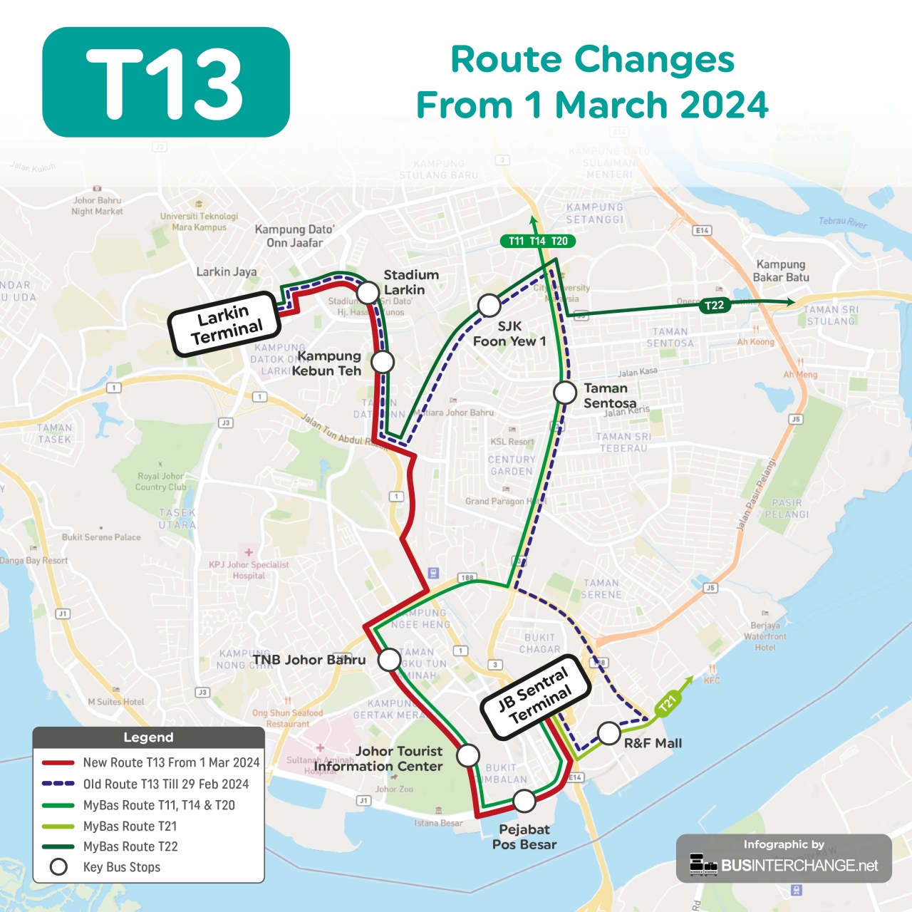 myBas Johor Bahru Route T13 shortened routing from 1 March 2024