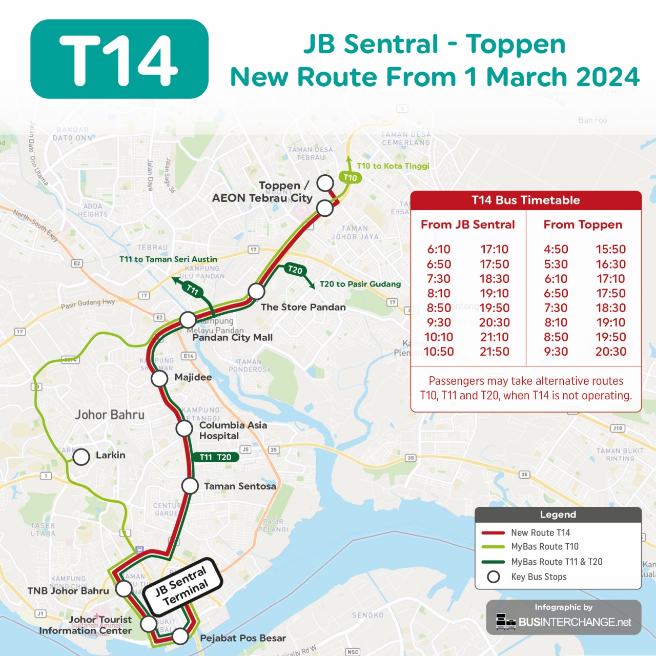 New myBas Johor Bahru Route T14 runs from JB Sentral to Toppen Tebrau from 1 March 2024