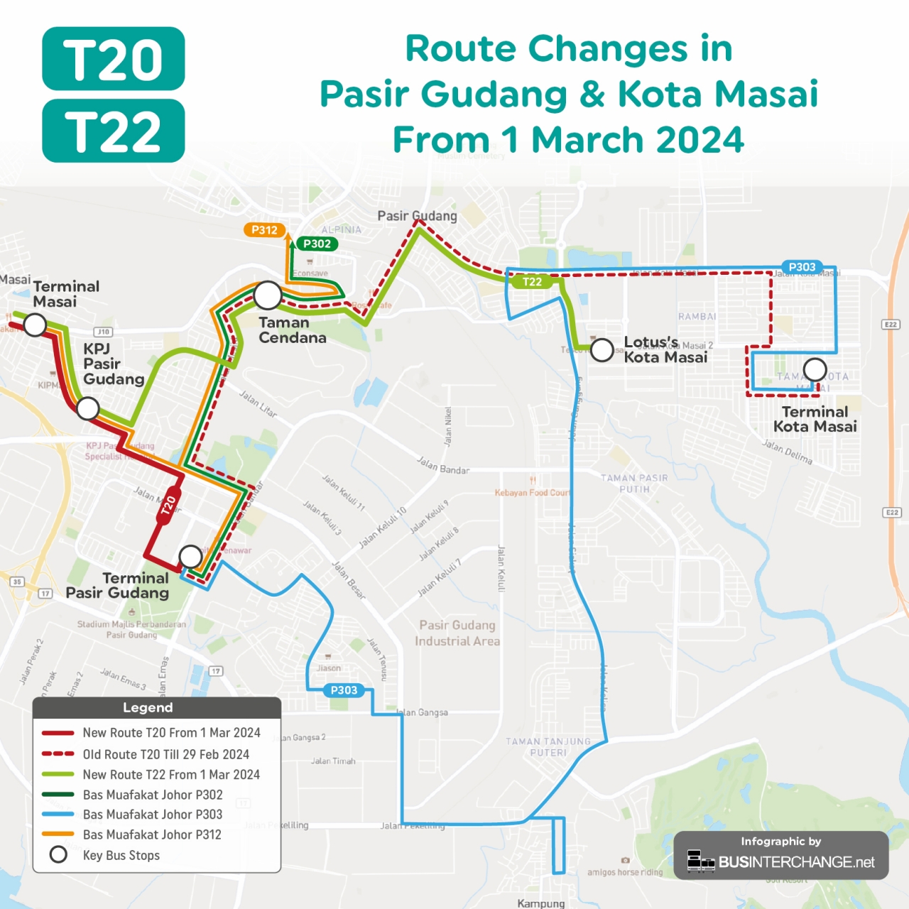 myBas Johor Bahru Route T20 shorten to end at Pasir Gudang from 1 March 2024