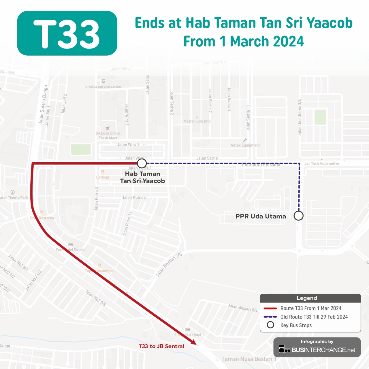 myBas Johor Bahru Route T33 shorten to end at Hab Taman Tan Sri Yaacob from 1 March 2024