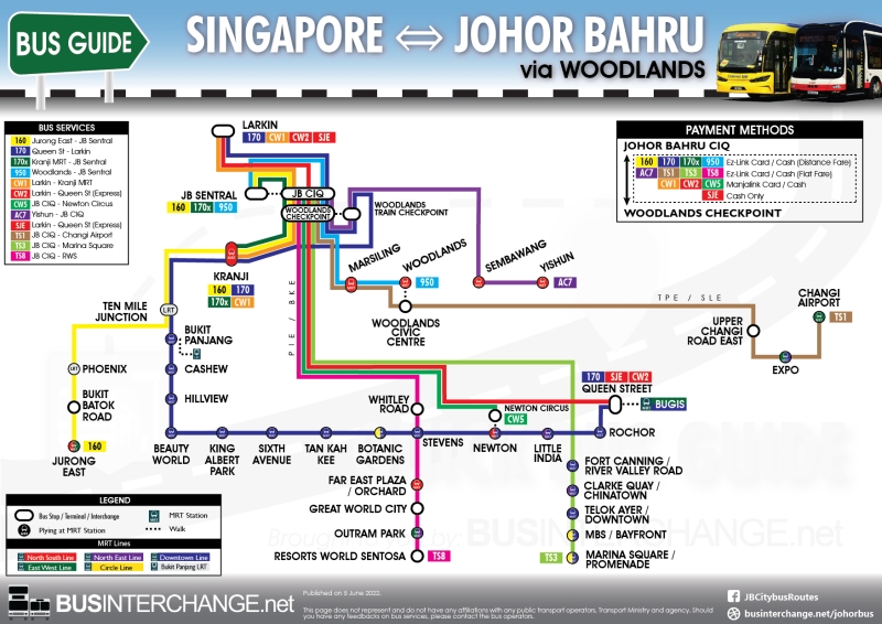Easy route map for cross-border public bus services between Singapore and Johor Bahru (JB) via Woodlands
