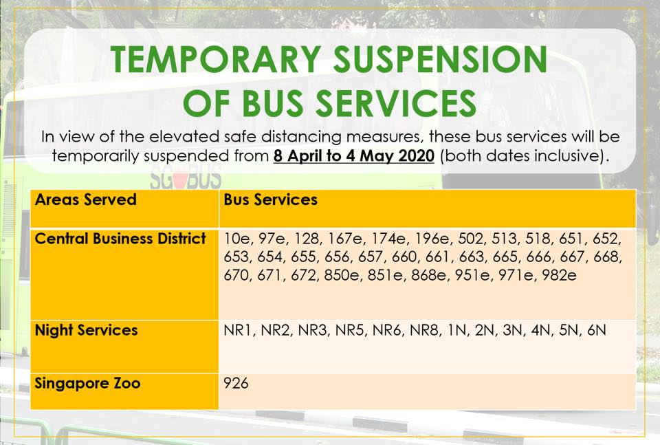 Official consolidated information from Land Transport Authority on temporary bus service suspension during COVID-19 Circuit Breaker measures.