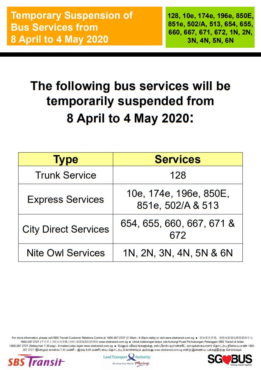 Official announcement from SBS Transit on temporary bus service suspension during COVID-19 Circuit Breaker measures from 8 April 2020.