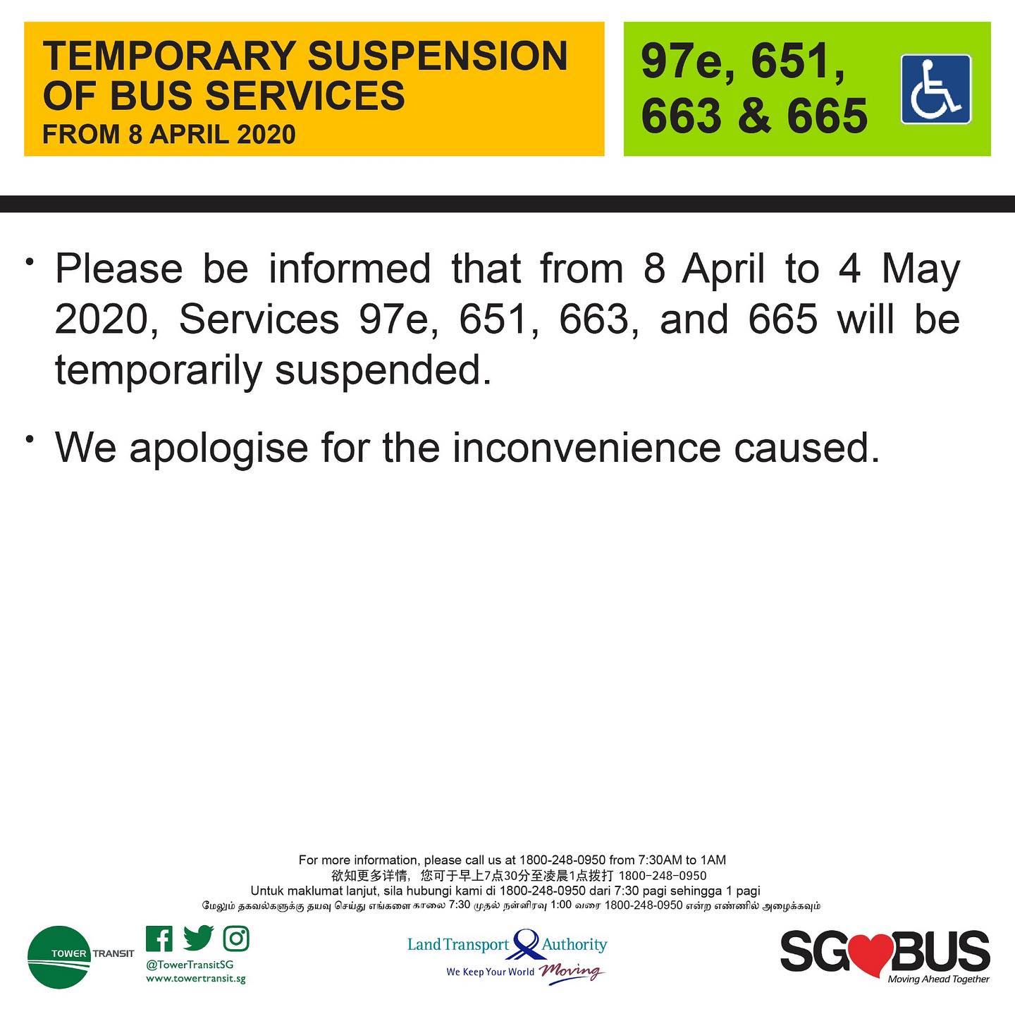 Official announcement from Tower Transit Singapore on temporary bus service suspension during COVID-19 Circuit Breaker measures.