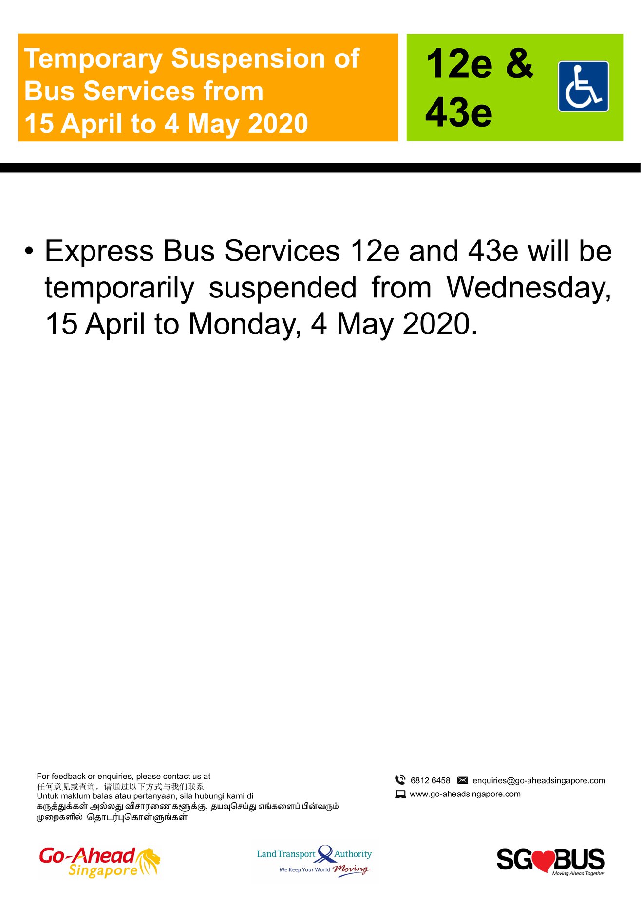 Official announcement from Go-Ahead Singapore on temporary bus service suspension during COVID-19 Circuit Breaker measures 15 April 2020.