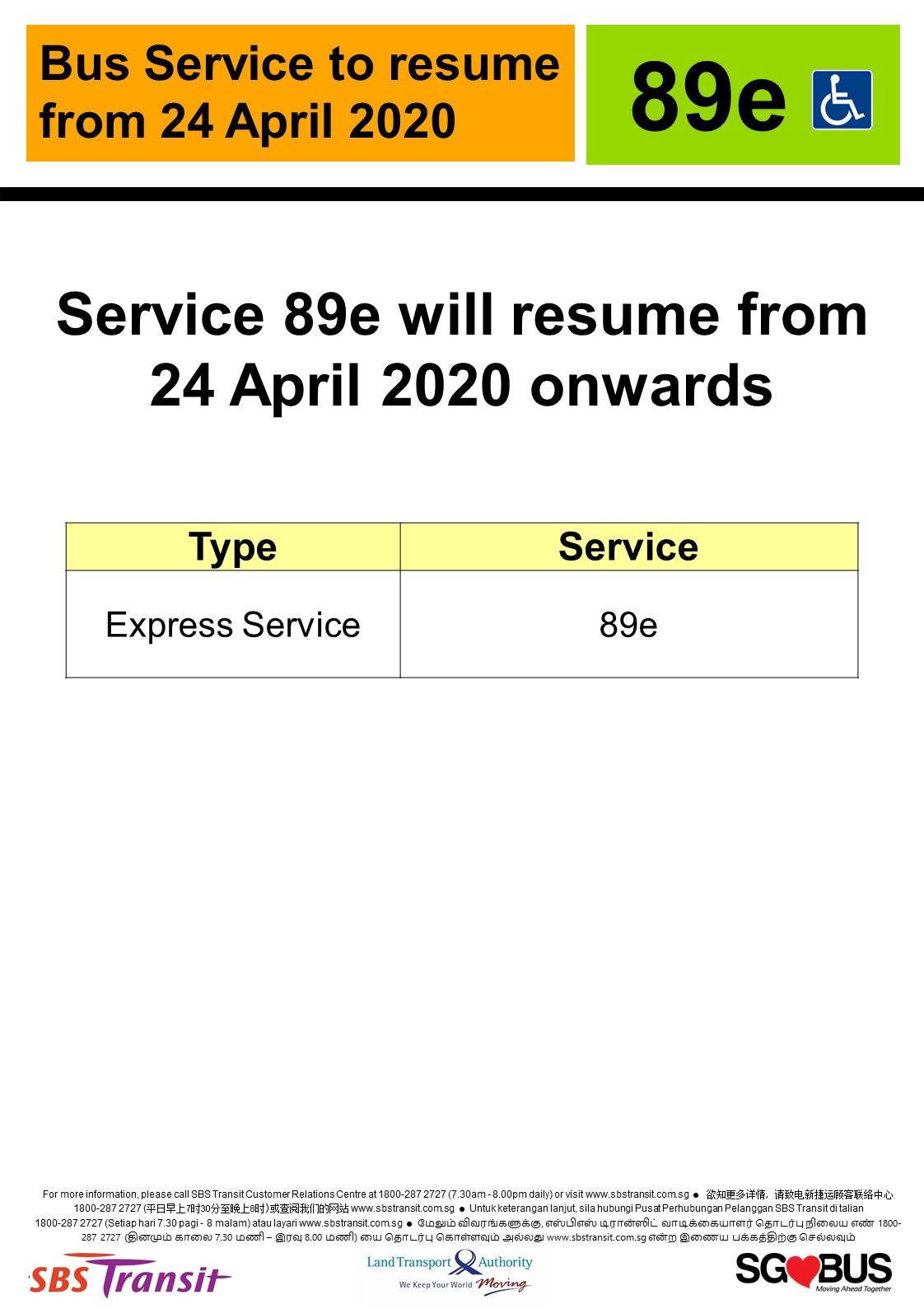 Official announcement from SBS Transit on resumption of express bus service 89e from 24 April 2020.