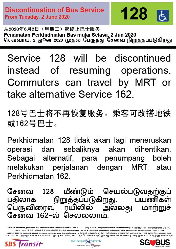Official announcement from SBS Transit on the discontinuation of peak hour bus service 128.