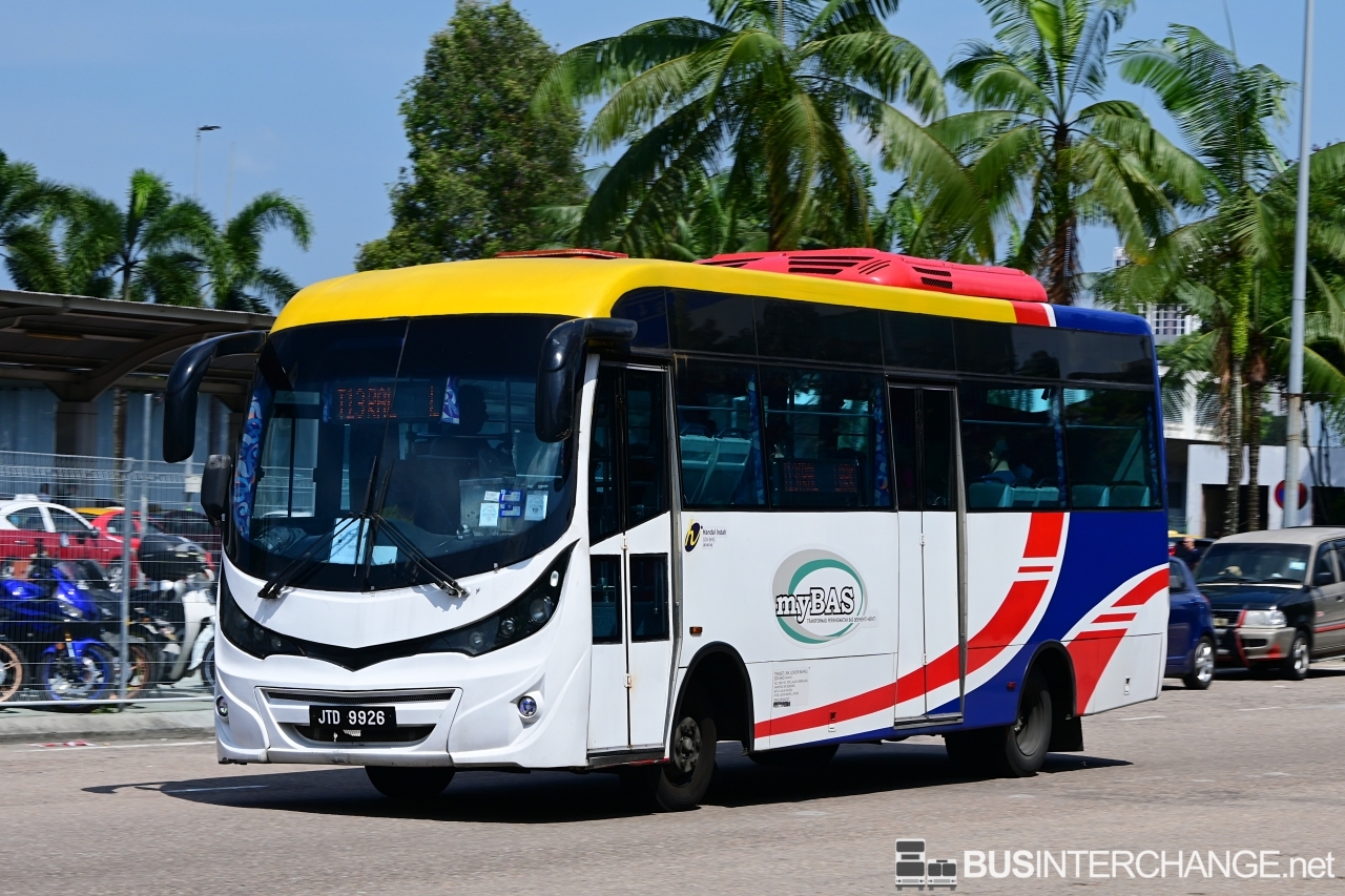 The Hino XZU720R with Pioneer bodywork (JTD9926) is seen on myBas Johor Bahru Bus Route T13 operated by Causeway Link.