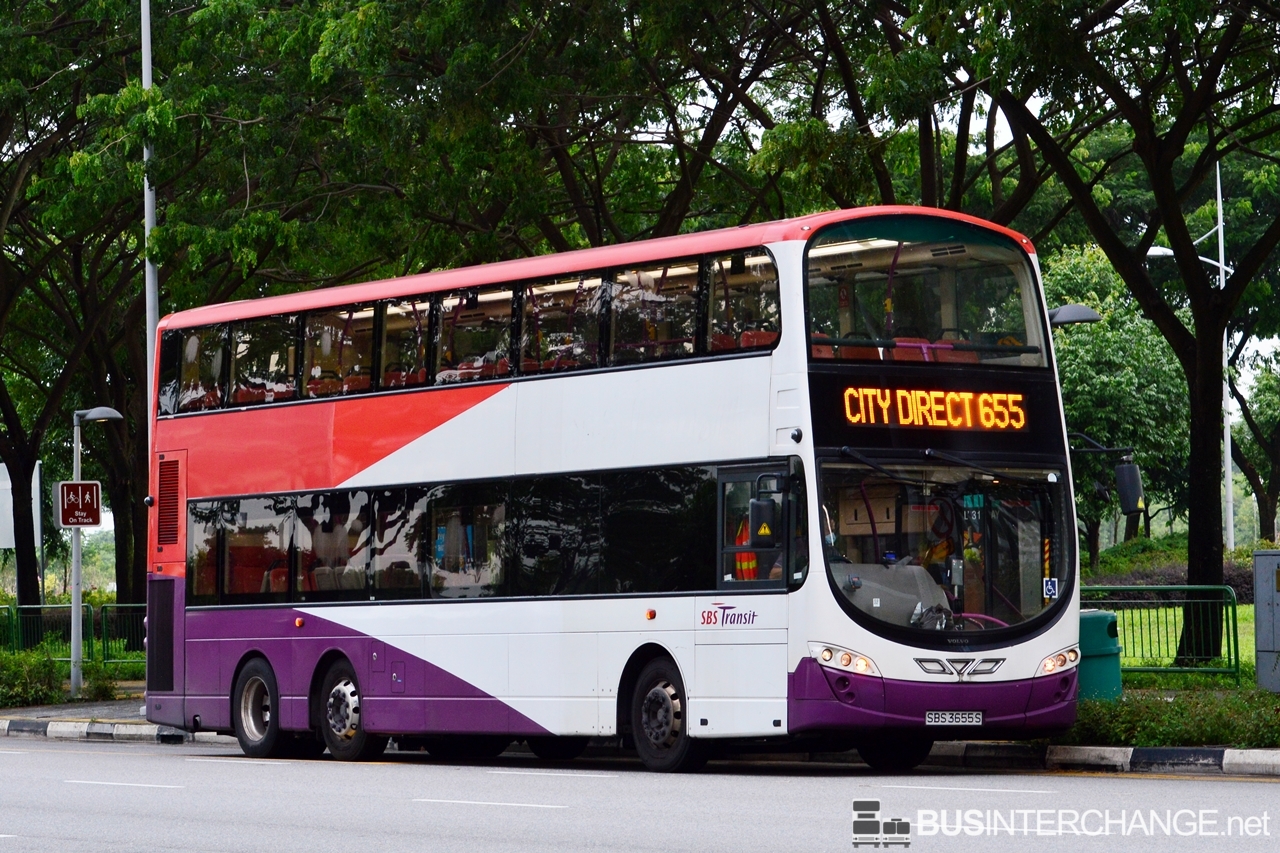 The Volvo B9TL with Wright Eclipse Gemini II bodywork (SBS3655S) is seen on SBS Transit Bus Service 655.