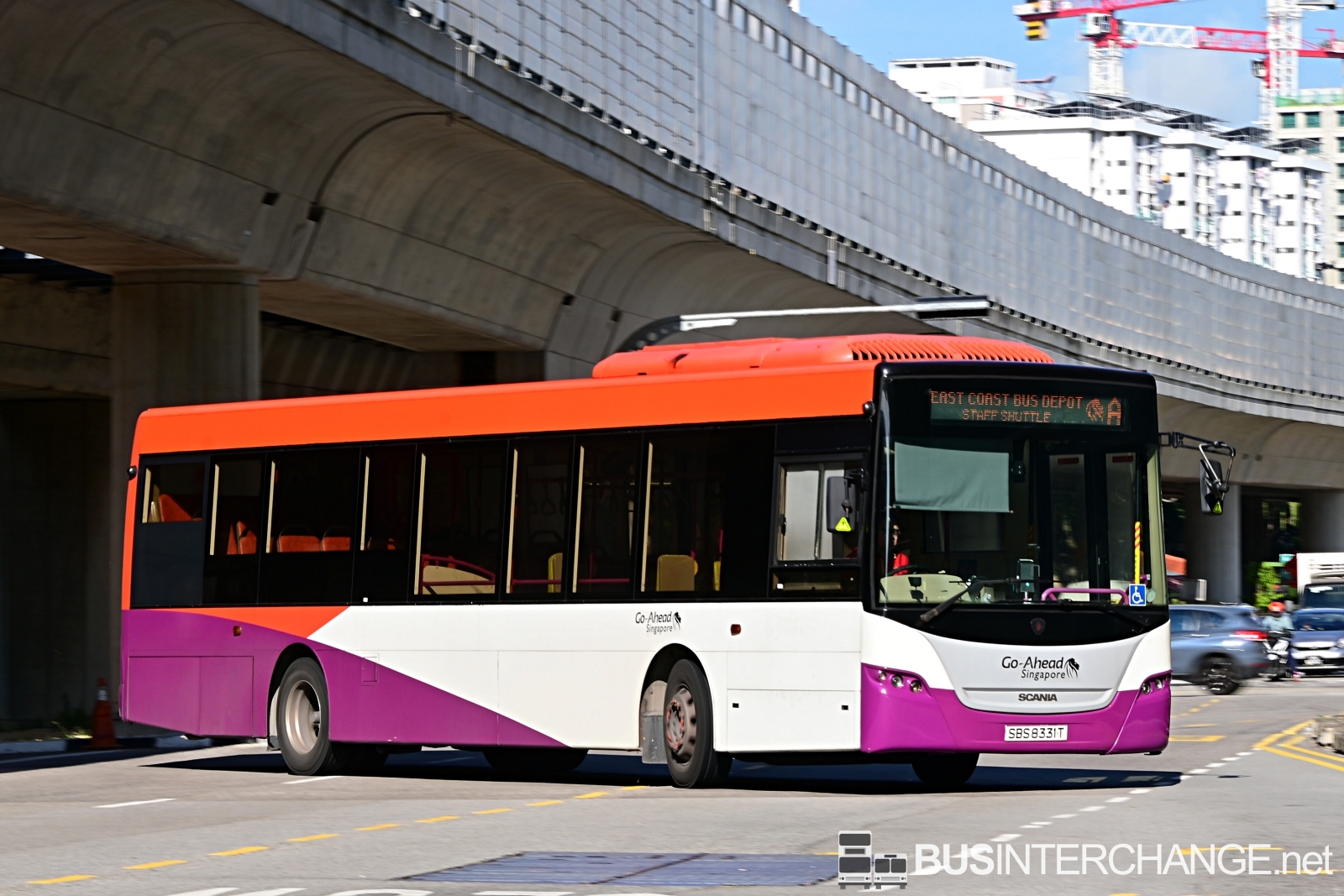 The Scania K230UB with Gemilang Coachworks bodywork (SBS8331T) is seen on Go-Ahead Singapore East Coast Bus Depot Staff Shuttle A.