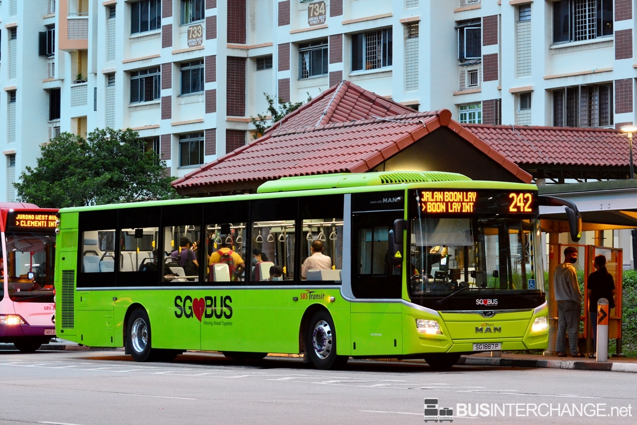 The MAN NL323F (A22) with MAN Lion`s City (Gemilang Coachworks) bodywork (SG1887P) is seen on SBS Transit Bus Service 242.