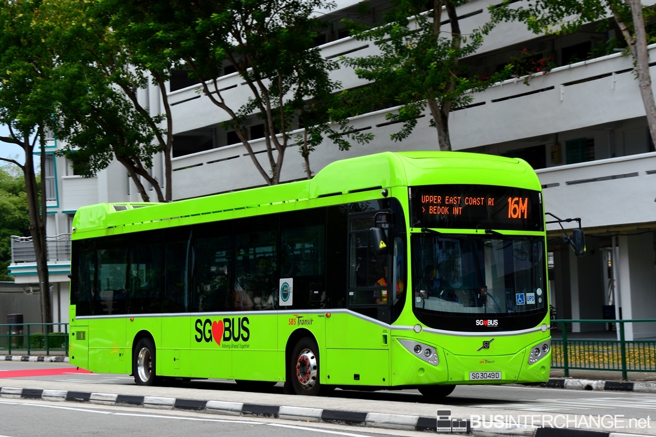 SG3049D — Historical archive of a Volvo B5RLE Hybrid single-deck bus operating on service 16M under SBS Transit. Photographed in March 2020, buses of this model type have since been completely retired from passenger service.