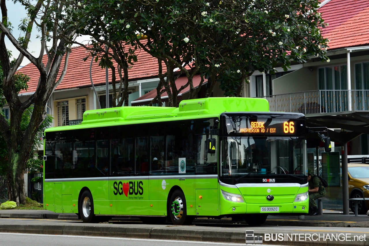 The Yutong E12 (ZK6128BEVG) (SG3092C) is seen on Tower Transit Singapore Bus Service 66.