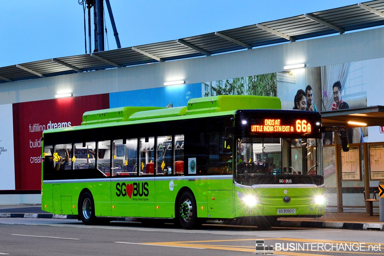 The Yutong E12 (ZK6128BEVG) (SG3092C) is seen on Tower Transit Singapore Bus Service 66A.
