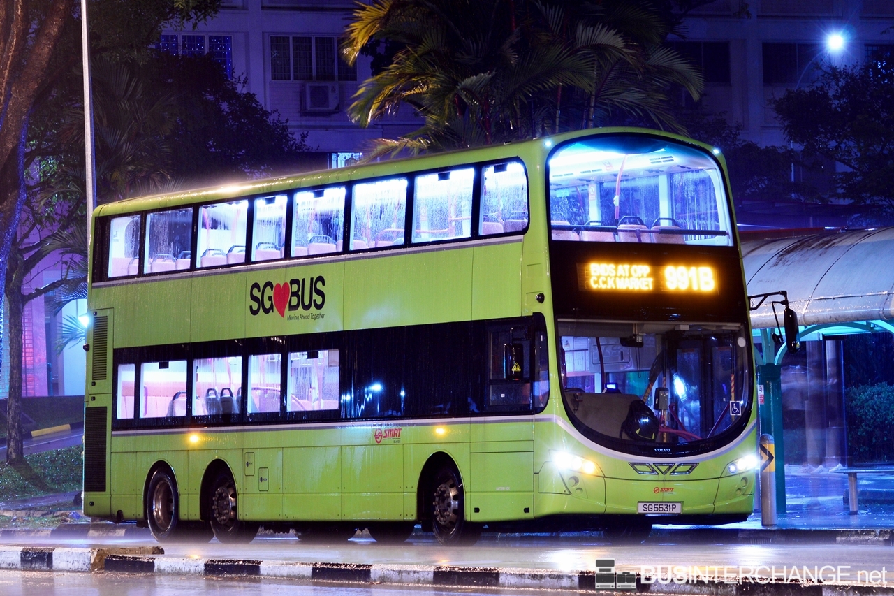 SG5531P — A Volvo B9TL (Wright) double-deck bus serving commuters on service 991B under current bus operator SMRT Buses.