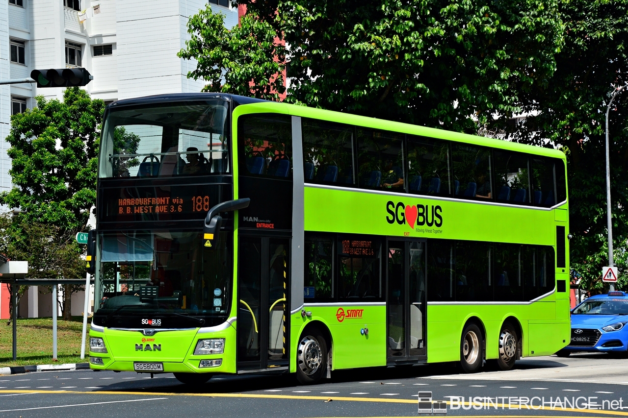 SG5800M — A MAN A95 double-deck bus serving commuters on service 188 under current bus operator SMRT Buses in June 2017.