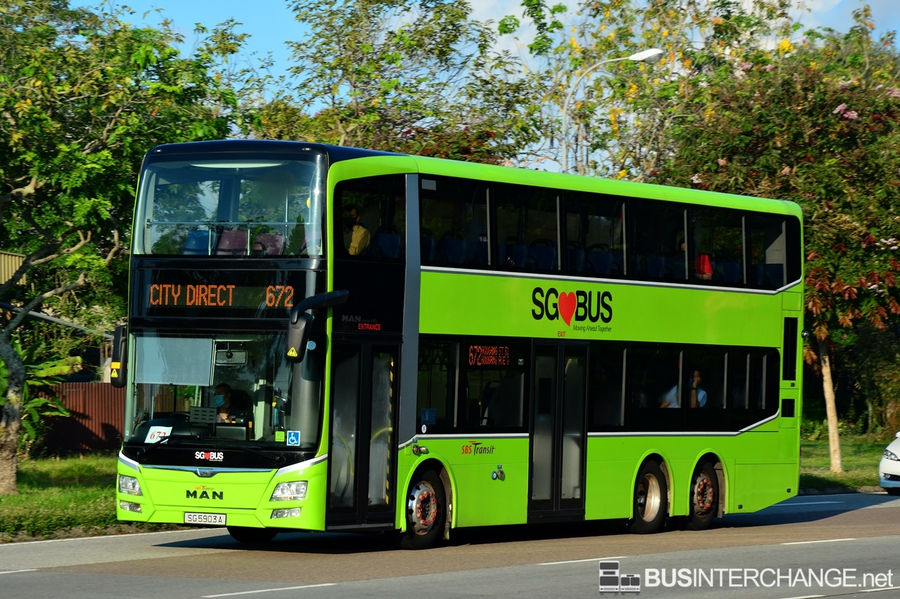 The MAN ND323F (A95) with Gemilang Coachworks bodywork (SG5903A) is seen on SBS Transit Bus Service 672.