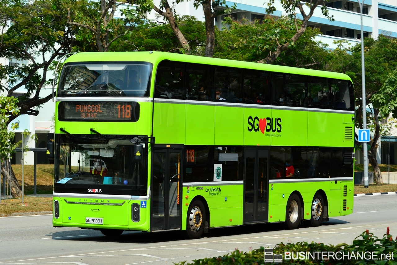 The Yutong E12DD / ZK6125BEVGS with Yutong bodywork (SG7009T) is seen on Go-Ahead Singapore Bus Service 118.