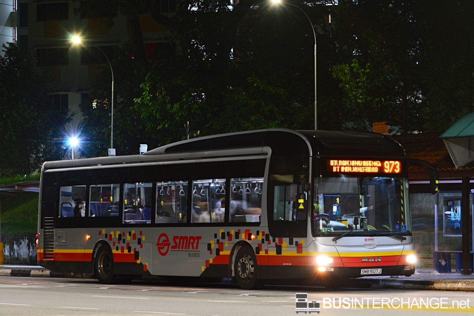 SMB1507J — A MAN NL323F (A22) (Gemilang) single-deck bus serving commuters on service 973 under current bus operator SMRT Buses in September 2021.