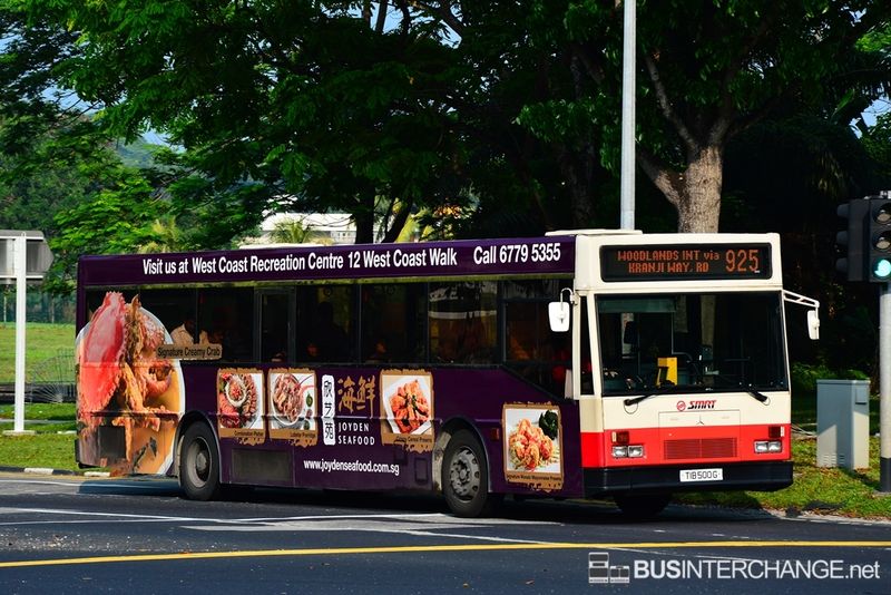 TIB500G — Historical archive of a Mercedes-Benz O.405 (Hispano Carrocera) single-deck bus operating on service 925 under SMRT Buses. Photographed in April 2014, buses of this model type have since been completely retired from passenger service.