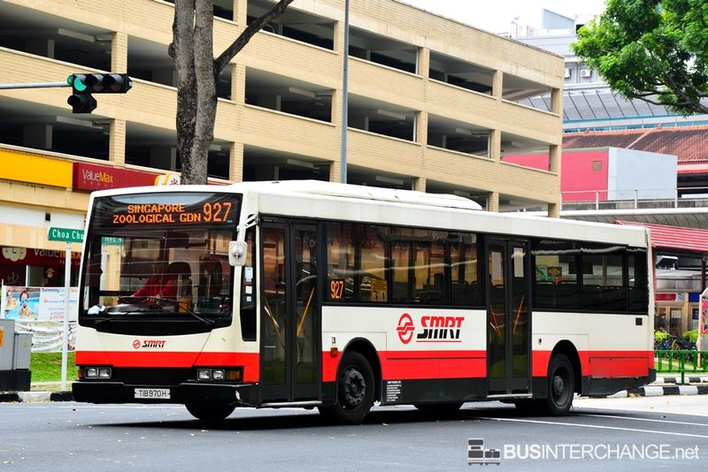 TIB970H — Historical archive of a Mercedes-Benz O.405 (Volgren CR221) single-deck bus operating on service 927 under SMRT Buses. Photographed in March 2014, buses of this model type have since been completely retired from passenger service.