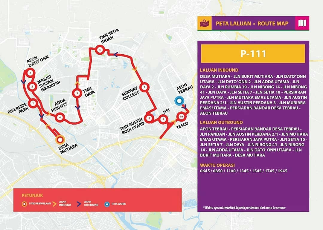 Bas Muafakat Johor P111 route map effective from 1 November 2018.