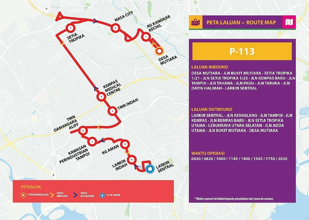 Bas Muafakat Johor P113 route map effective from 1 November 2018.