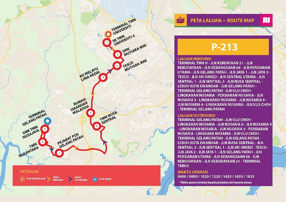 Bas Muafakat Johor P213 route map effective from 1 November 2018.