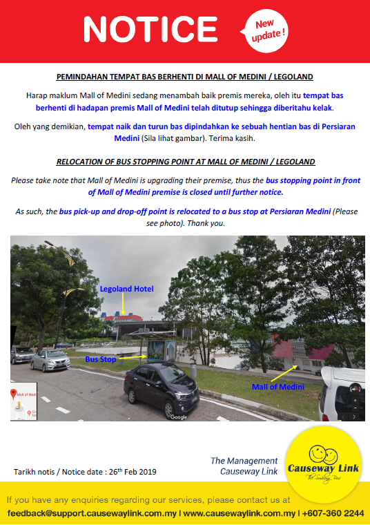 Official Causeway Link poster on the relocation of bus stopping point at Mall of Medini