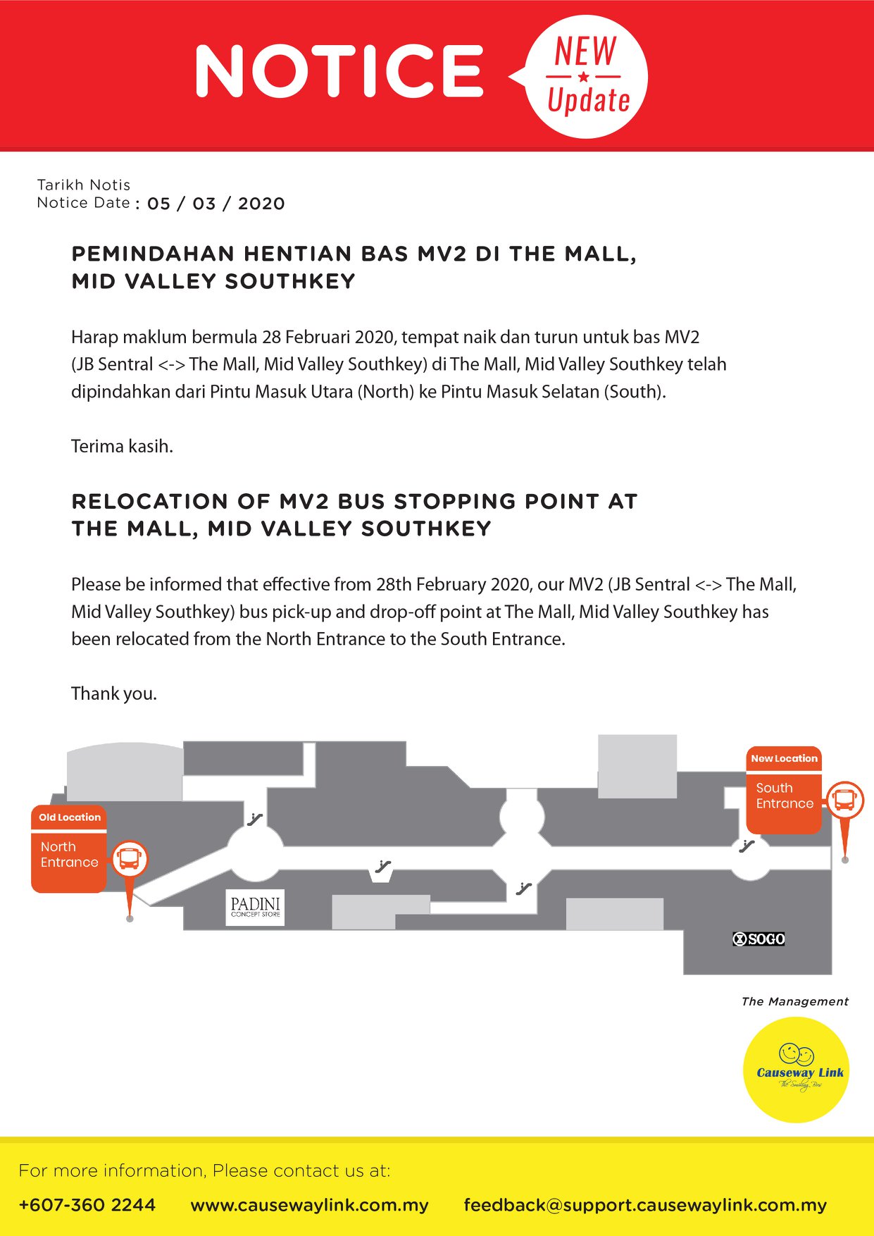 Official poster on relocation of MV2 boarding point at Mid Valley Southkey