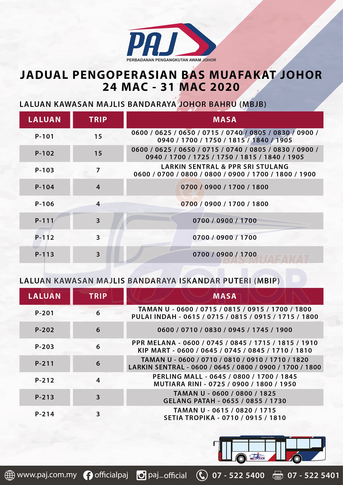 Official PAJ poster on the change in operation hours of Bas Muafakat Johor bus services in Johor Bahru and Iskandar Puteri districts