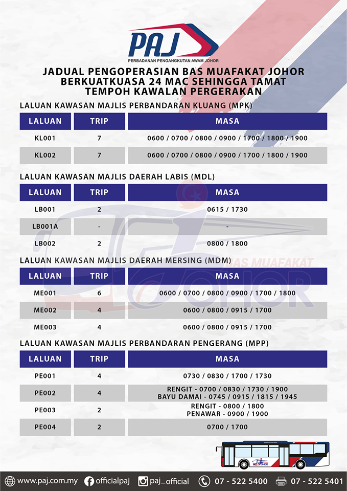 Official PAJ poster on the change in operation hours of Bas Muafakat Johor bus services in Kluang, Labis, Mersing and Pengerang districts