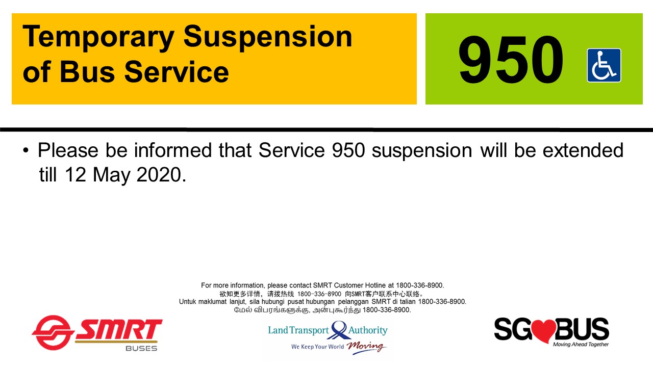 Third extension on suspension to 12 May 2020 for SMRT Bus 950