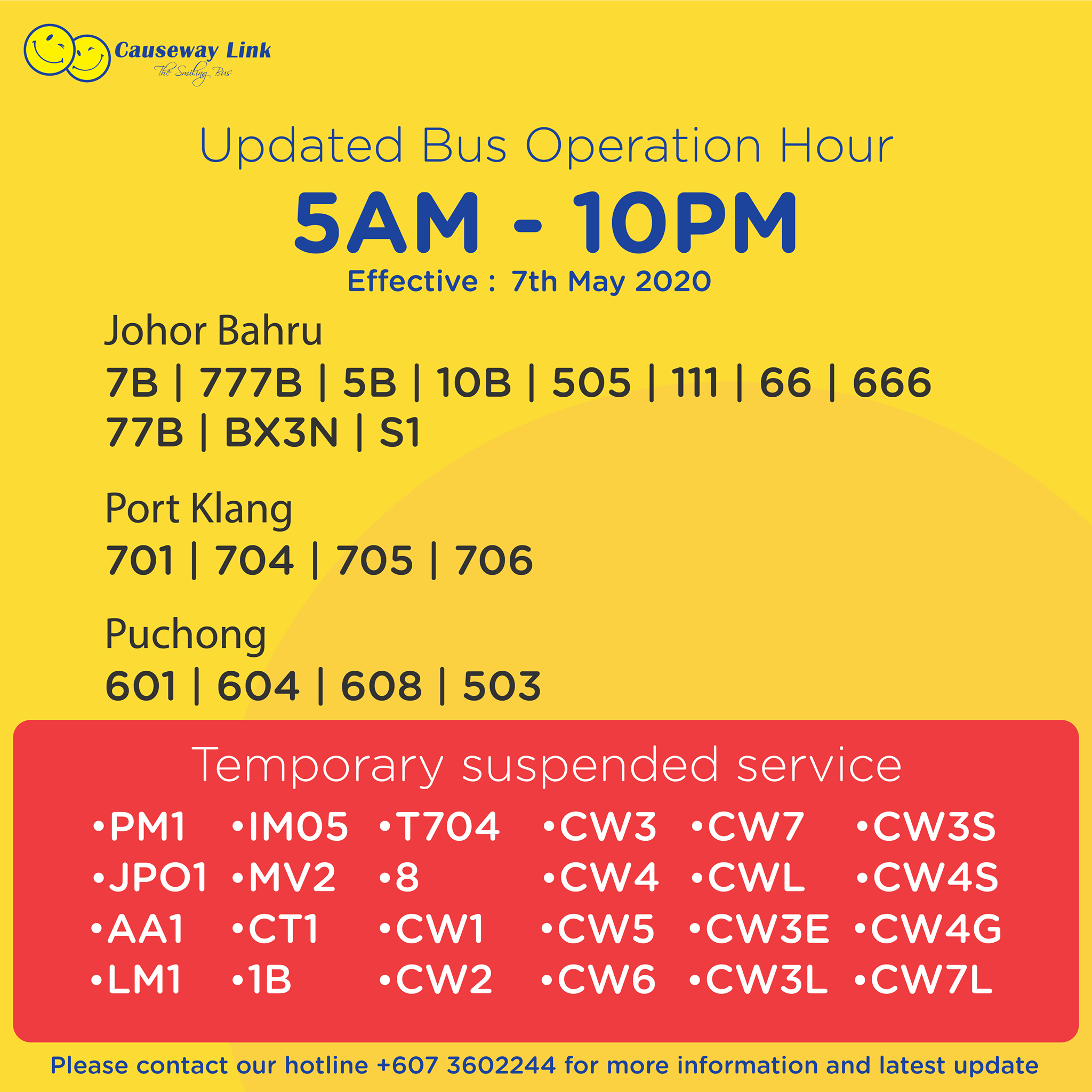 Operating status of Causeway Link bus services from 7 May 2020