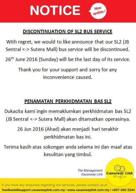 Official bus route SL2 withdrawal notice by Causeway Link