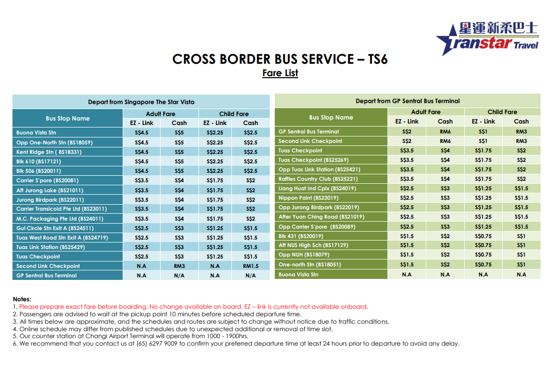 New fare list for Transtar Cross-border TS6