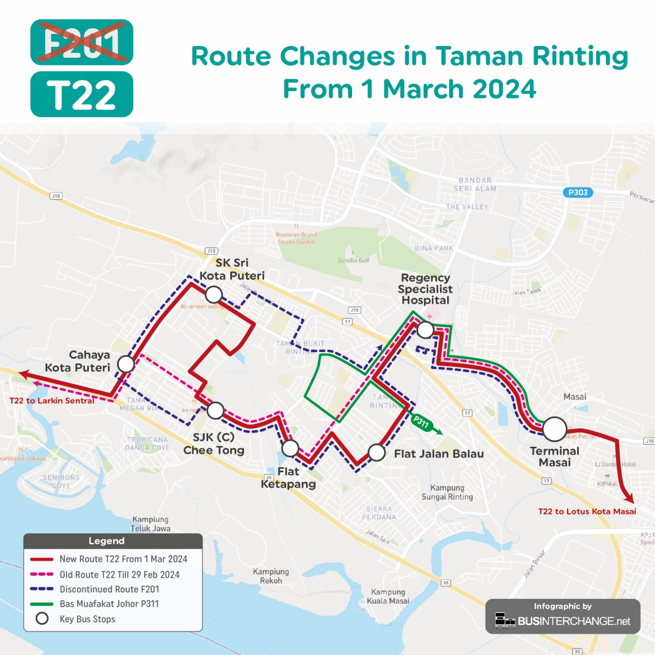 myBas Johor Bahru Route T22 amendment to cover most of the discontinued F201's route from 1 March 2024