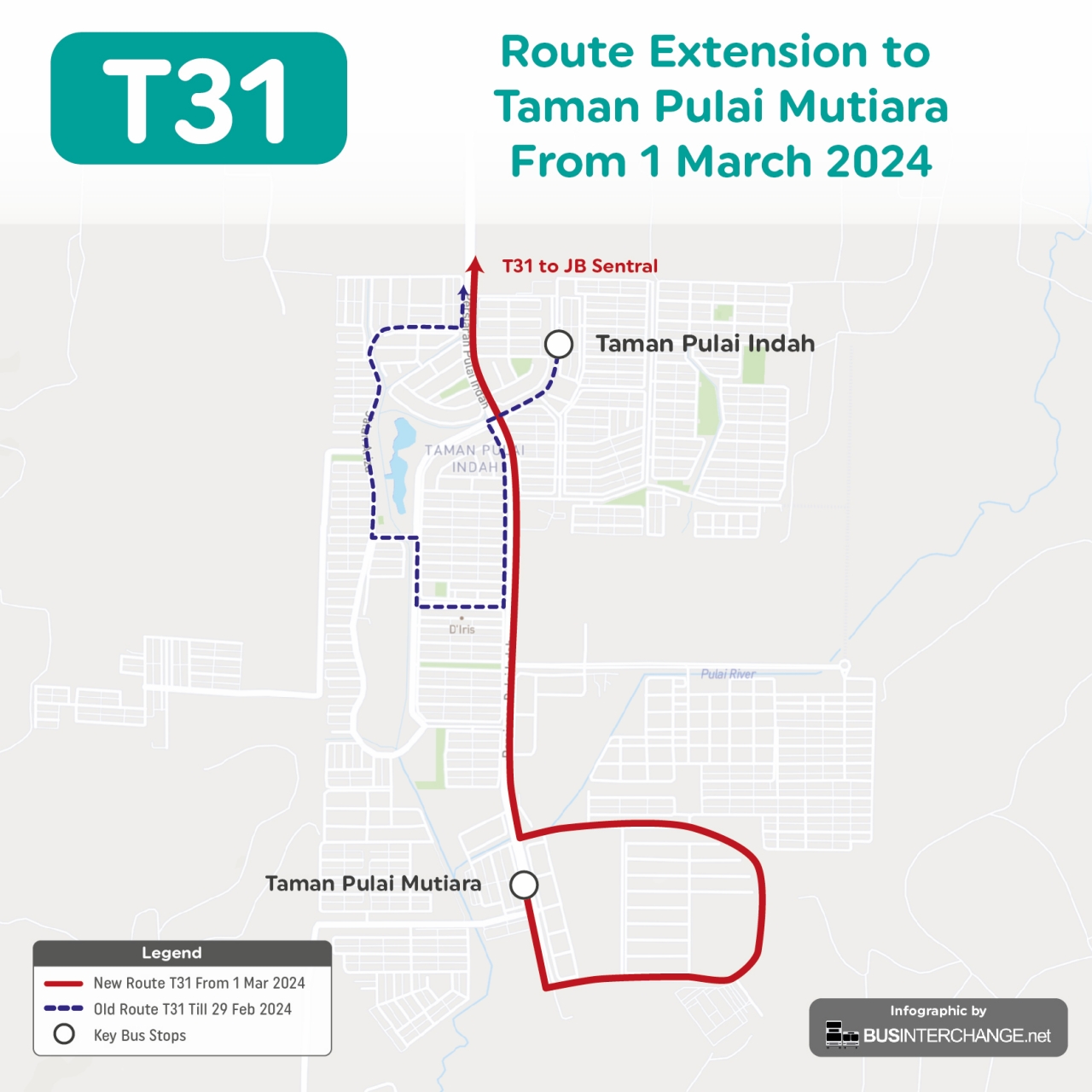 myBas Johor Bahru Route T31 amendment at Pulai Indah area from 1 March 2024